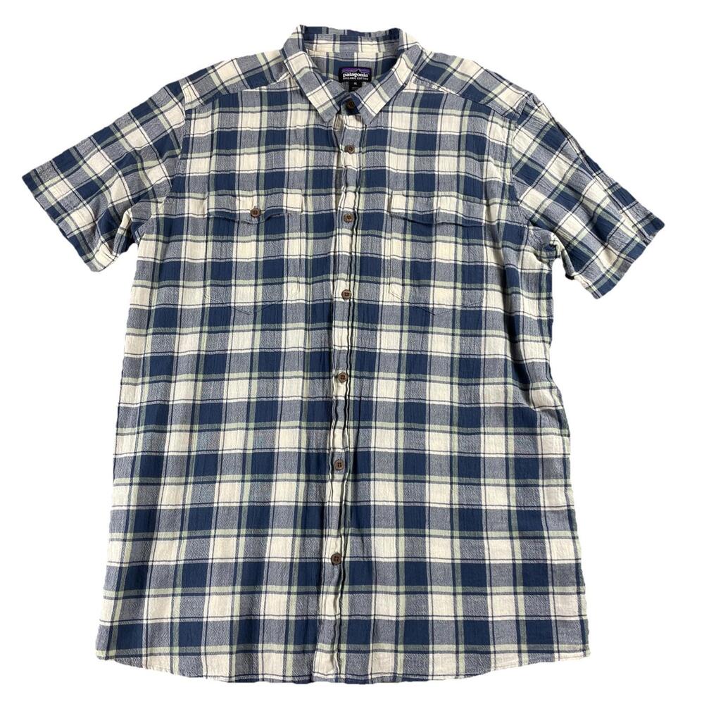Patagonia Steersman Cotton Button Up Shirt Gingham Plaid Short Sleeve Men's XL